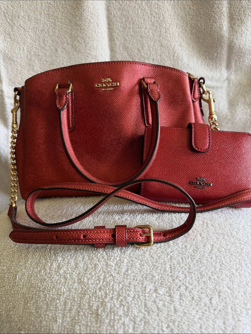 Coach Red Pebbled Leather Satchel with Matching Wallet
